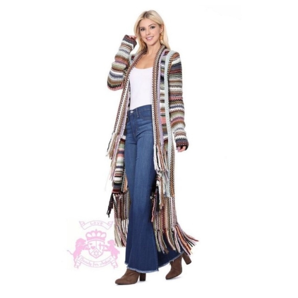 T Party Multi Color Knit Long Sweater Duster Cardigan Coat of Many Colors